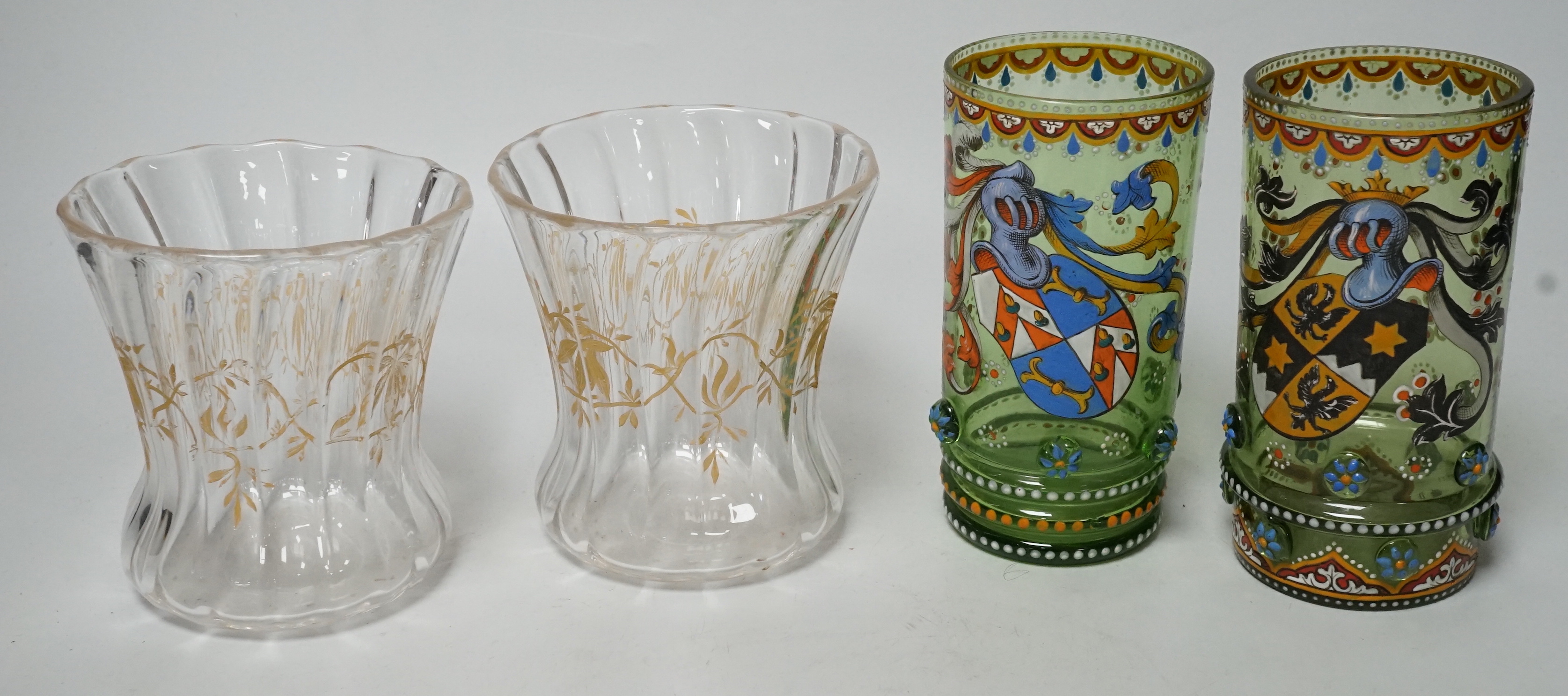 A pair of 19th century German Historismus armorial glass beakers and a pair of glass pots, tallest 14cm